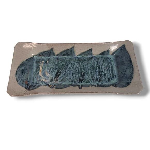 Decorative Handmade Tray Rectangle Grey Blue Leaf Design Abstract Ceramic 12 in - Picture 1 of 9